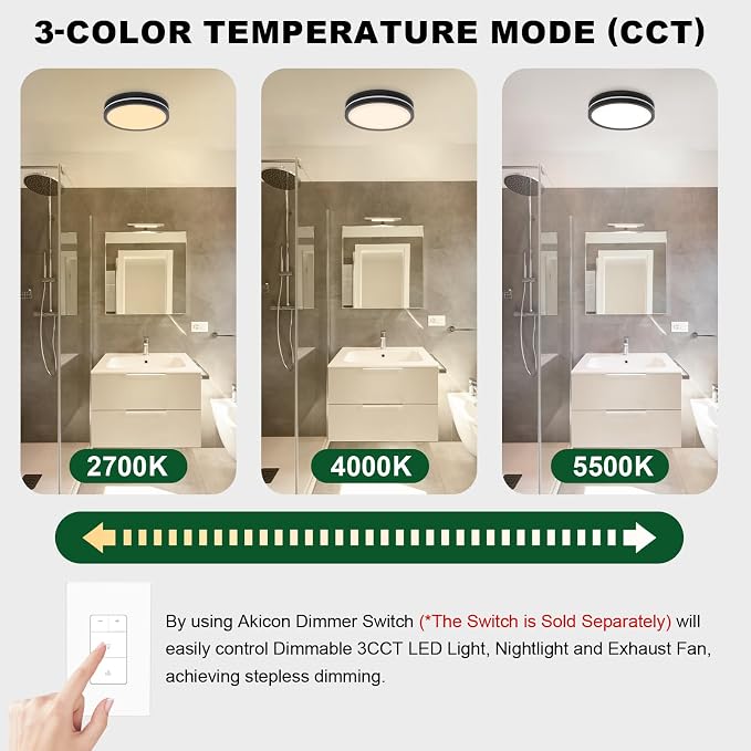Akicon Bathroom Exhaust Fan with Light, 80 CFM 2.0 Sones Bathroom Fans for Ceiling, 3CCT 15W Dimmable LED Light and 3.5W Nightlight Vent Fan Combo for Home, Round, Black