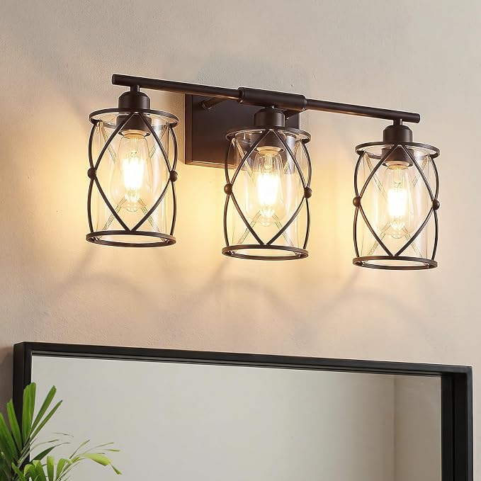 3-Light Oil Rubbed Bronze Bathroom Light Fixtures Over Mirror, 21" UL-Listed Modern Farmhouse Wall Sconce Lights with Clear Glass and Metal Cage for Bath, Hardwire E26, CH9176ORB-3W