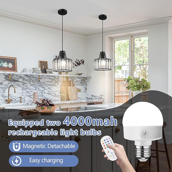 Battery Operated Pendant Lights,Rechargeable Pendant Light with Remote,Crystal LED Pendant Light Fixtures for Kitchen Island,Black Modern Hanging Lights for Bedroom,Dining Room Hallway Entryway