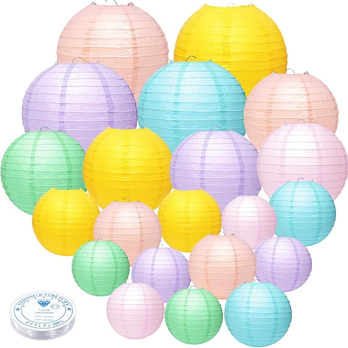 21 Pcs Pastel Neon Hanging Paper Lanterns - Colorful Party Decor in 8 Macaron-Colored Shades - 4 Sizes (4/6/8/10 Inch) for Baby Shower, Classroom, Wedding, Birthday Decorations