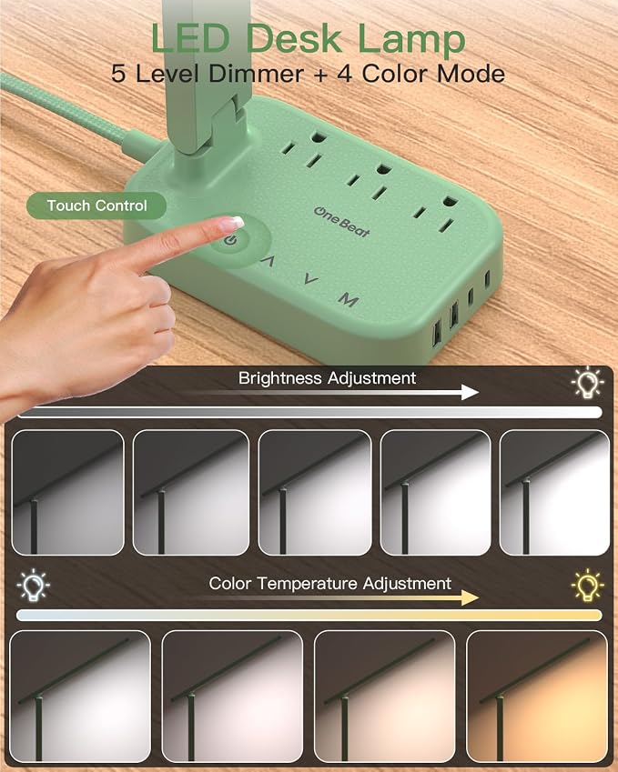 LED Desk Lamp Power Strip with 4 USB 3 Outlets, Dorm Room Essentials, Green | One Beat 4 Modes 5 Level Brightness Touch Lamp, Small Desk Lamp for Home Office College Dorm Essentials, Study Reading Light