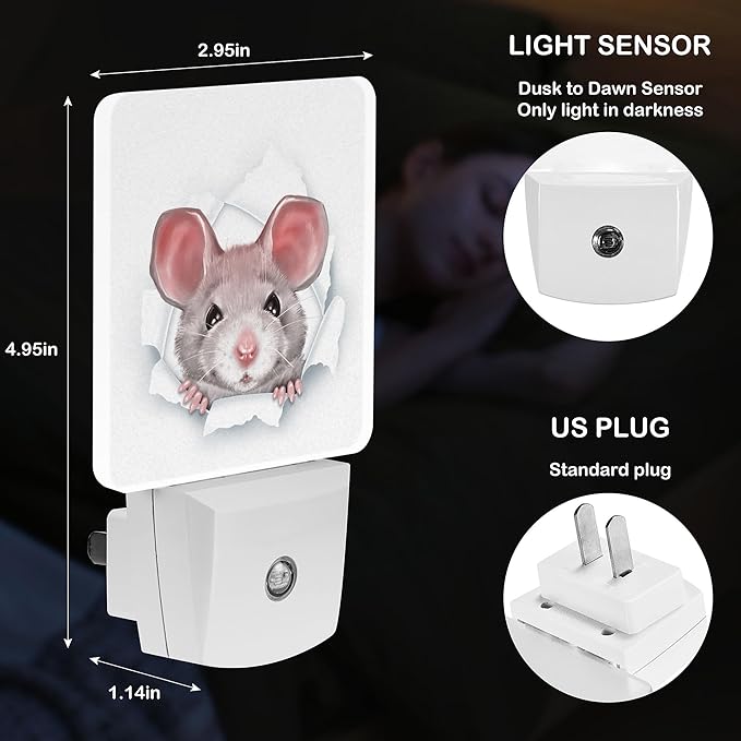 LED Night Light Lamp with Smart Sensor Dusk to Dawn Sensor,Adorable Rat Art Cartoon Night Light Daylight White,0.5W Plug-into Wall for Adults,Bedroom,Bathroom,Hallway,Kitchen