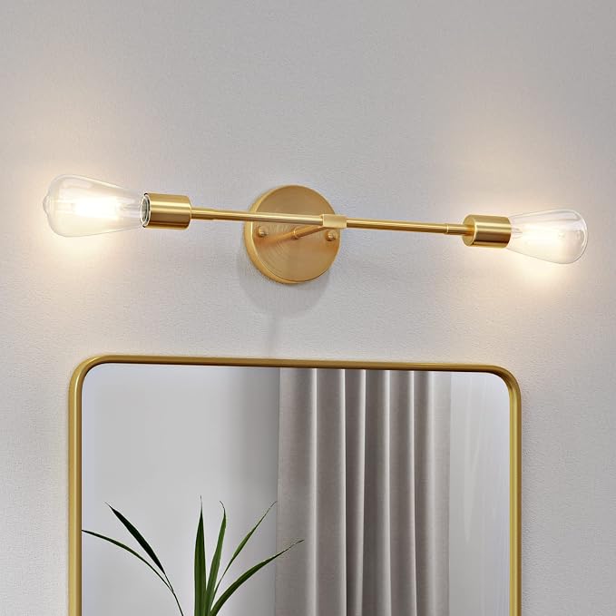 FadimiKoo 2-Light Golden Bathroom Wall Sconces Lighting, Modern Vanity Light Over Mirror, Brushed Brass Indoor Wall Mounted Lamp for Bathroom Hallway Bedside Kitchen (2 Pack)