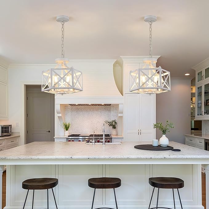6-Light Antique White Pendant Light, Modern Farmhouse Chandeliers for Dining Room, Adjustable Hexagonal Metal Hanging Light, Vintage Geometric Pendant Lighting for Kitchen Island Entryway Foyer