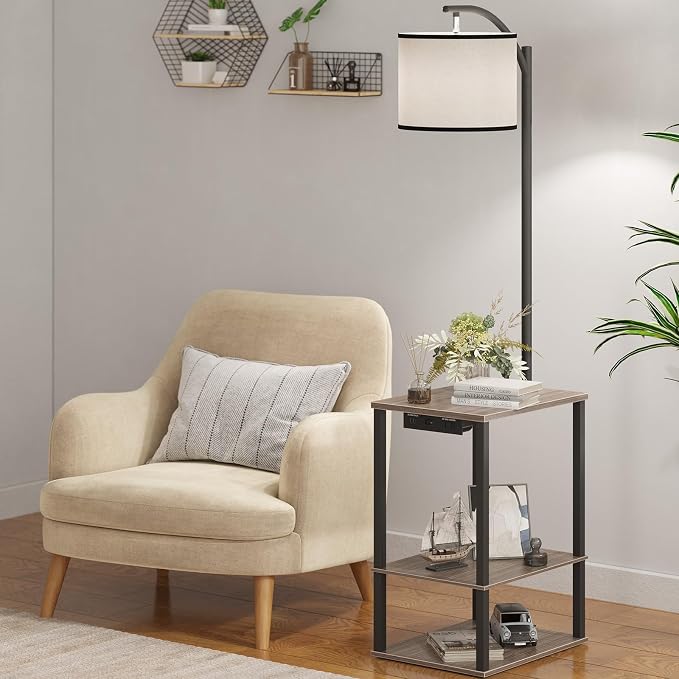 SUNMORY Floor Lamp with Table Shelves, End Side Table for Living Room | USB & AC Charging Stations, 3 Color Temperature 9W LED Bulb, Adjustable Shade, Modern Nightstand Lamps for Bedroom Office