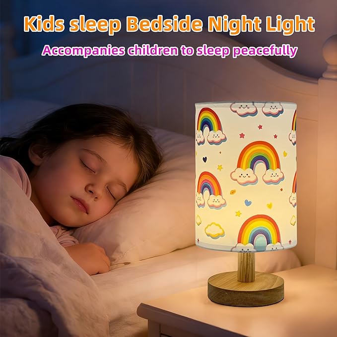 Rainbow Table Lamp,Kids Bedside Lamp for Bedroom Rainbow Decorative Lights 3 Colors Dimmable LED Nightstand Night Light with Cartoon Flaxen Fabric Shade Desk Lamp for Girls Boys Room Nursery Decor