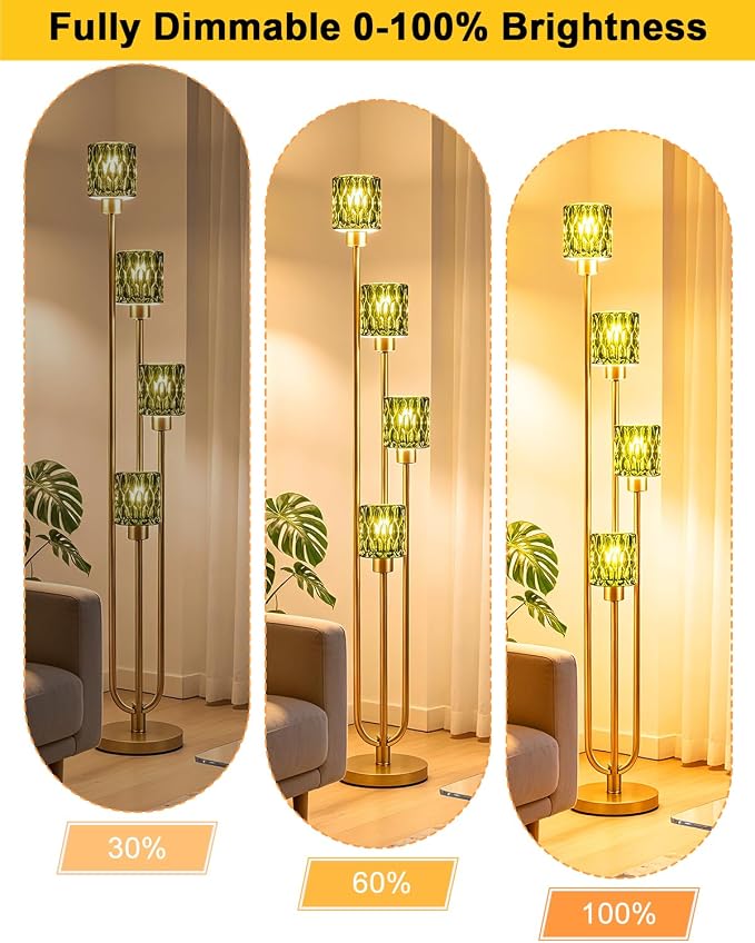 Vintage 4-Light Green Glass Floor Lamp, Dimmable Gold Standing Tall Lamp for Reading, Mid Century Modern Floor Lamp for Living Room Bedroom Home Office Corner Decor, Bulb Included