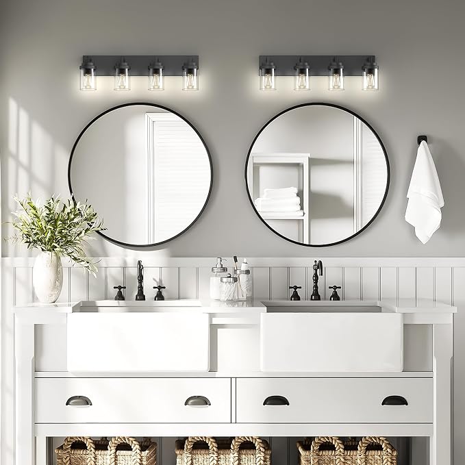 Bathroom Vanity Light, 4 Light Matte Black Vanity Light with Clear Glass Shade, 30in Farmhouse Vanity Light, Bathroom Lighting Fixtures Over Mirror for Bathroom