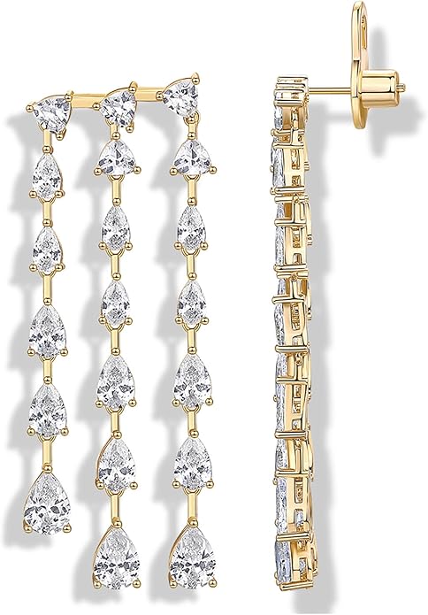 PAVOI 14K Gold Plated Long Tassel Dangle Earrings for Women - 925 Sterling Silver Posts Elegant Rhinestone Chain Chandelier Drop Earrings - Statement Jewelry