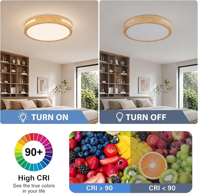 Pevfah Modern Wood Flush Mount Ceiling Light, Round Dimmable Close to Ceiling Lighting Fixtures, Minimalist LED Ceiling Lamp for Bedroom, Kitchen, Hallway, Laundry Room, 2700K-6000K 5CCT, 11.81in