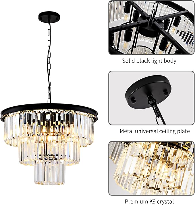 8 Light Modern Crystal Chandelier 20'' Black Chandeliers for Dining Room Contemporary Pendant Light Fixture Round 3-Tier Adjustable Height E12 for Living Room, Foyer, Entryway, Bedroom