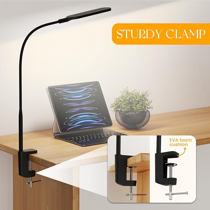 LED Desk Lamp with Clamp, 3 Color Modes 10 Brightness Levels, Long Flexible Gooseneck, Ultra Wide Brightness Range, led Clip Desk lamp, USB Eye-Caring Clip on Lights for Home Office, Black