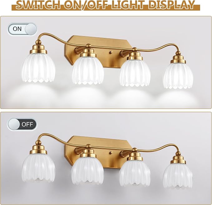 4 Light Gold Vintage Vanity Lights, Antique Brass Finish | Milk White Tulip Crystal Shades,Brushed Gold Bathroom Light Fixtures, Wall Sconce Ideal for Bedroom,Hallway,Easy to Install