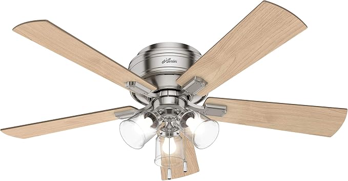 Hunter 52 inch Indoor Ceiling Fan with LED Lights and Pull Chain - Low Profile Flush Mount Ceiling Fan, 5 Blades, For Bedroom, Living Room, or Kitchen, Quiet - Crestfield 54209, Brushed Nickel | with LED Lights and Pull Chain, Low Profile Flush Mount, ...