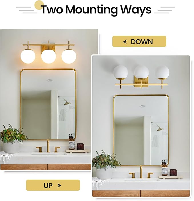 Gold Bathroom Light Fixtures, 3-Light Bathroom Vanity Light Over Mirror, Modern Vanity Lighting Fixtures with Milky White Globe Glass Shade, 22.4 inch Wall Sconce Light (Exclude E26 Bulb)