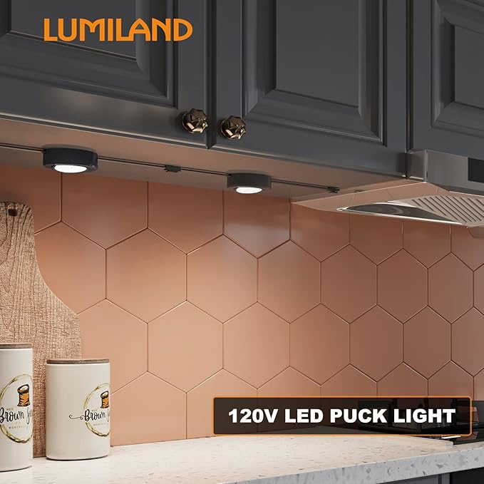 LUMILAND Wired LED Puck Lights 120V (2.7Wx5) Plug-in Lighting Warm White, LED Cabinet Light for Kitchen Can Be Surface Mount or Recess Mount, Black