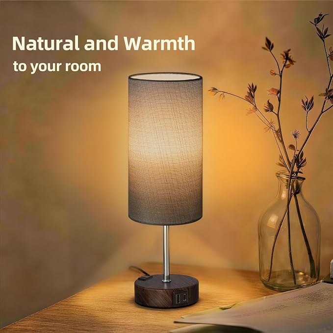 Table Lamp for Nightstand, High-Sensitivity Touch, 3-Level Dimmable Bedside Lamp with AC Outlet | USB | and USB-C, Ideal Night Stand Lamp for Bedroom (1, Grey&Walnut)