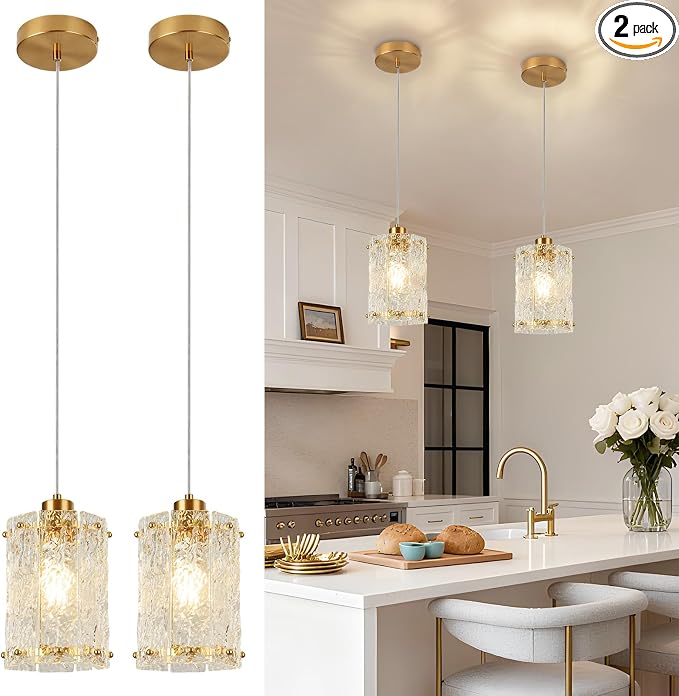 Gold Pendant Lights Kitchen Island 2 Pack Modern Water Ripple Glass Pendant Lights Mini Chandelier Adjustable Hanging Pendant Lighting for Kitchen Island Dining Room Over Sink Table Entryway