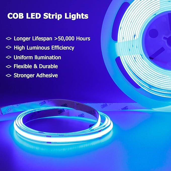 24V COB LED Strip Light Blue 5M/16.4ft 2400LEDs Uniform Glow Flexible IP20 Not Waterproof LED Tape Lights for DIY Cabinet Bedroom Kitchen Home Decor(No Power Supply)