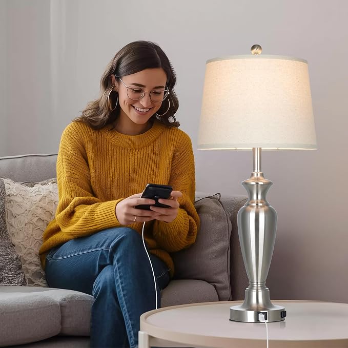 30" Tall Silver Table Lamps Set of 2 for Living Room, Touch Control Bedside Lamps for Nightstand, 3-Way Dimmable Bedroom Table Lamp with USB A+C Ports and AC Outlet (2 LED Bulbs Included)