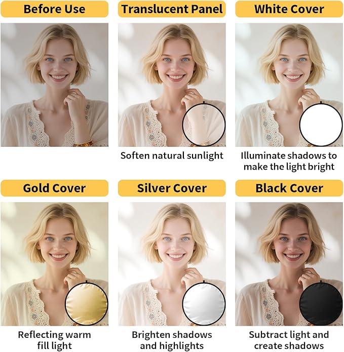 24/32/43/52in Photography Reflector, 5 in 1 Light Diffuser with Panel&Bag, Light Reflectors for Photography, Ideal for Content Creator Essentials&Photographer in Silver,Gold,White and Black