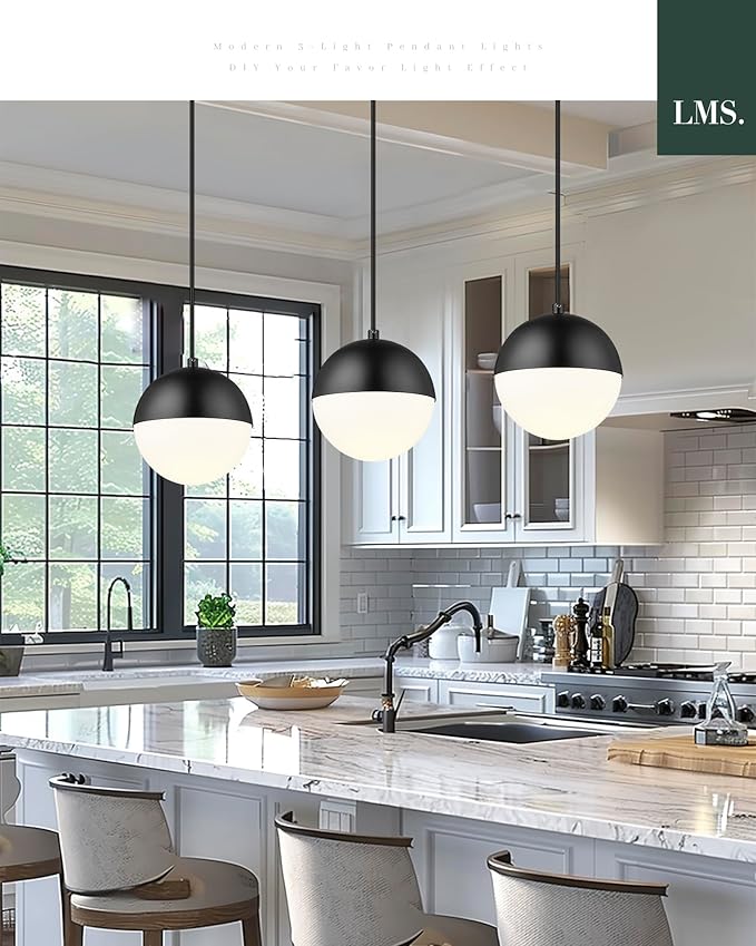 6-inch Mid Century Pendant Light, Matte Black Pendant Light Fixtures with White Globe Glass, Adjustable Hanging Ceiling Light Fixtures for Dining Room Living Room Bedroom, LMS-186BKS