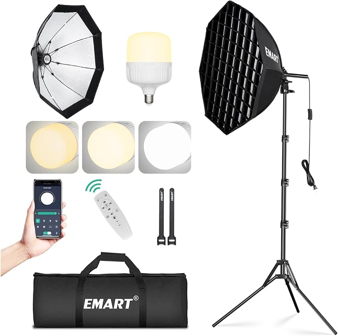 EMART Softbox Lighting Kit with Grid, 50W 20"x20" Soft Box for Photography | Pull Softbox, 3000K-6000K LED Bulb with Remote/APP Control, Photography Lighting for Video Recording,Streaming,Portrait 1Pack