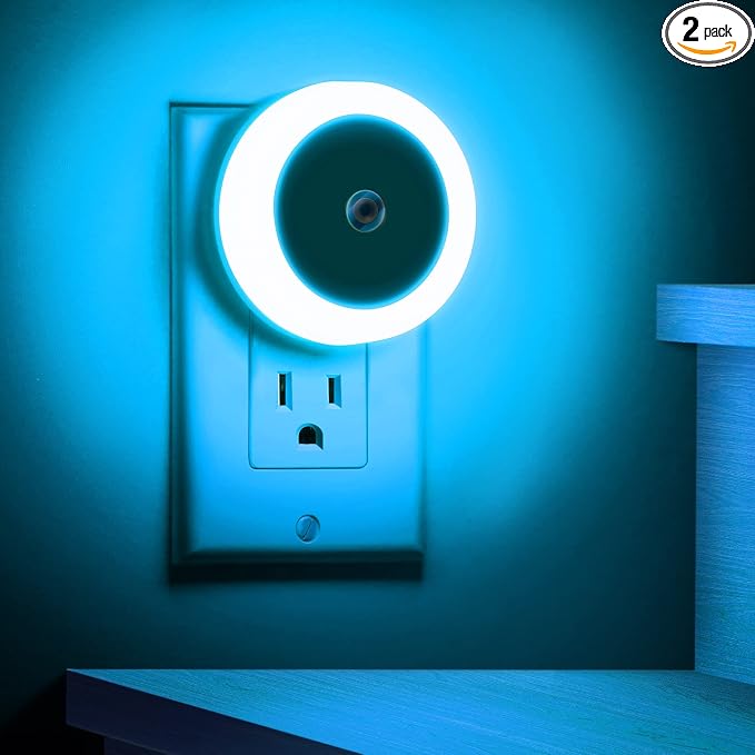 Night Lights Plug into Wall Azure Blue Night Light [2Pack] | Nightlight with Light Sensors, LED Night Light for Kids Room, Baby, Bathroom, Stair Lights, Hallway Light