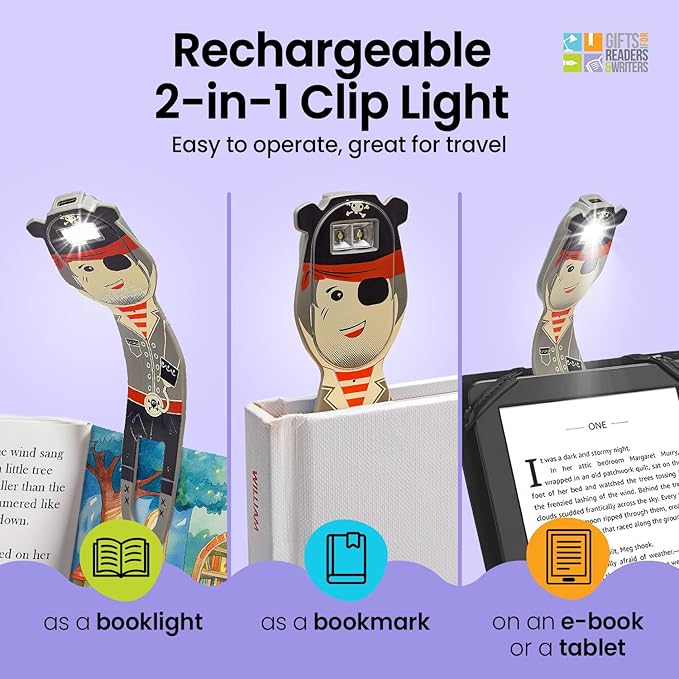 Gifts for Readers & Writers Rechargeable Book Light for Kids, Clip On Reading Light for Bed, 2in1 Flexilight Pals & Bookmark, 12 Hours of Light Once Charged, Includes USB Cable & 2 LED Lights, Pirate