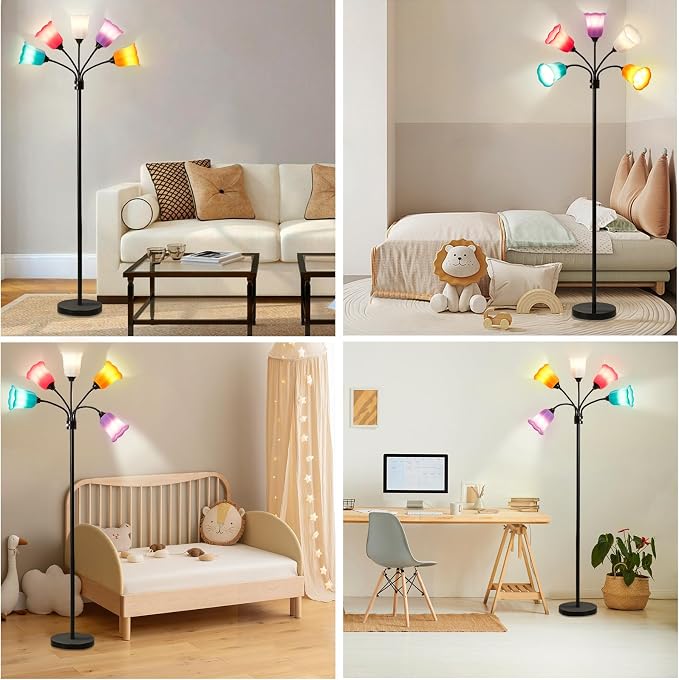 Medusa LED Floor Lamp, Multi Head Modern Tall Lamp with Adjustable Gooseneck Standing Lamps Led Tall Lamp for Living Room Bedroom Kids Room Office 6 Color Lampshades Bulb Not Included Black