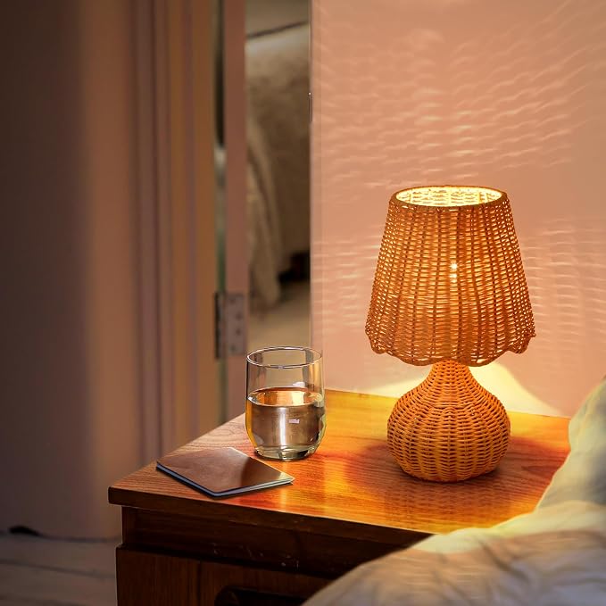 Ziqqeelam Rattan Table Lamp for Bedroom, Boho Small Table Lamps for Bedside, Farmhouse Mini Small Table Lamps for Small Spaces for Kitchen Counter, Bookshelf, Nightstand, Bedroom, Kids Dorm