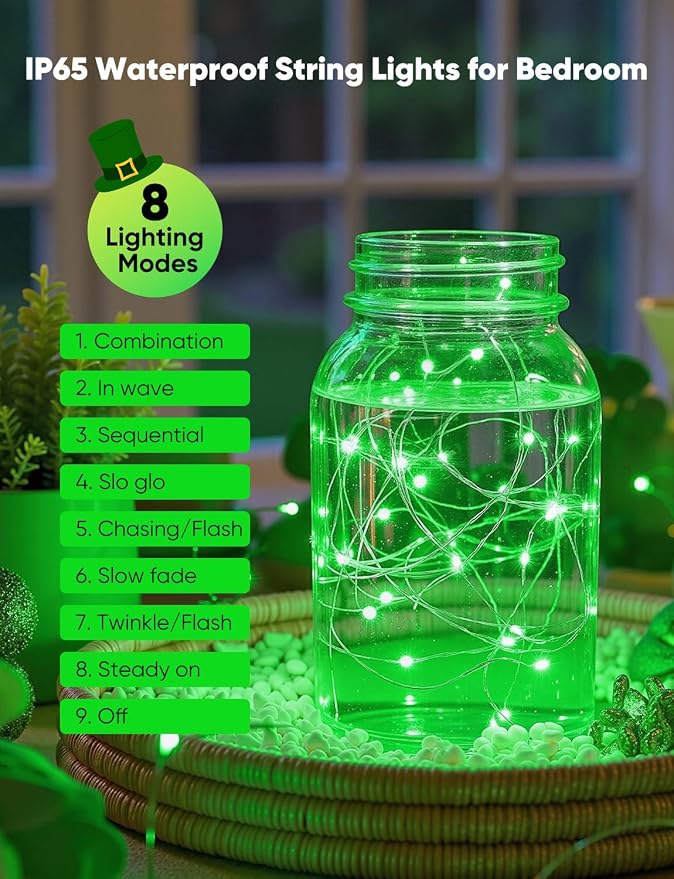 Minetom 12 Pack Green Christmas Lights, St Patricks Day Lights, 7ft 20 LED Fairy Lights Battery Operated String Lights, St Patricks Day Decorations, 8 Modes Waterproof Silver Wire Twinkle Lights