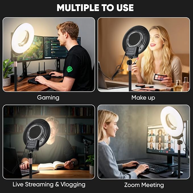 Desk Ring Light with Stand,and HD Makeup Mirror for Zoom Lighting | 10W,30 Light Modes Makeup selfie light and Phone Holder,for Live Streaming,Makeup,Video ,Zoom call,Vlogging,TikTok,CRI 95+