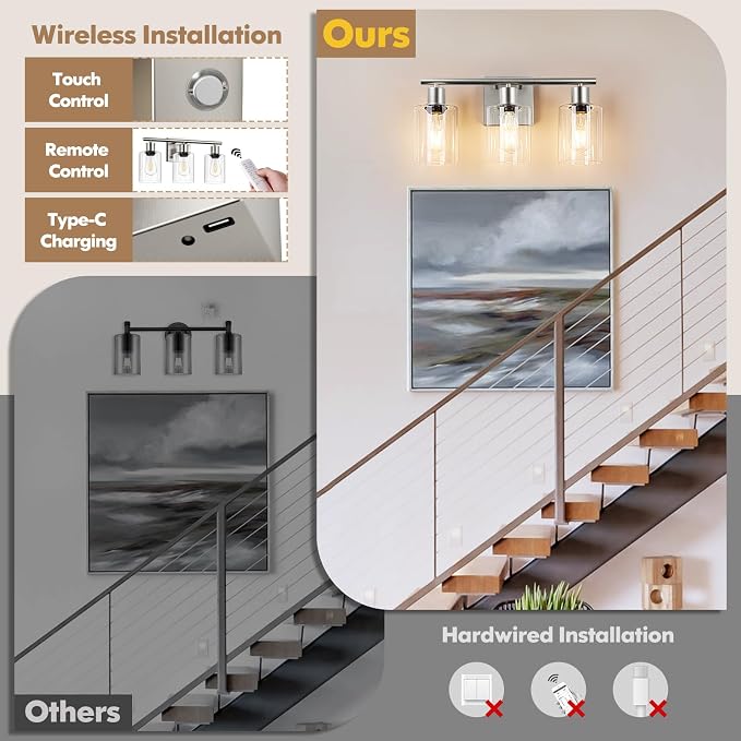 Battery Operated Wall Sconce, 3-Light Dimmable Rechargeable Vanity Light Fixture with Remote & Bulbs, 3-Light Silver Wireless Indoor Non-Hardwired Wall Lamp for Bedroom, Living Room, Cabinet, Porch