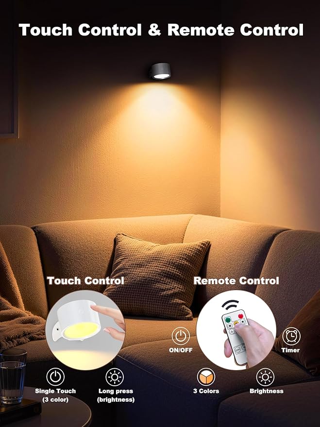 Smiling Shark Wall Light F9, Rechargeable Wall Mounted Lamp LED 3 Color & 4 Brightness Stepless Dimming 360° Rotate Magnetic Ball Cordless Wall Sconce Lamp for Bedroom Reading Bedside (1, White)
