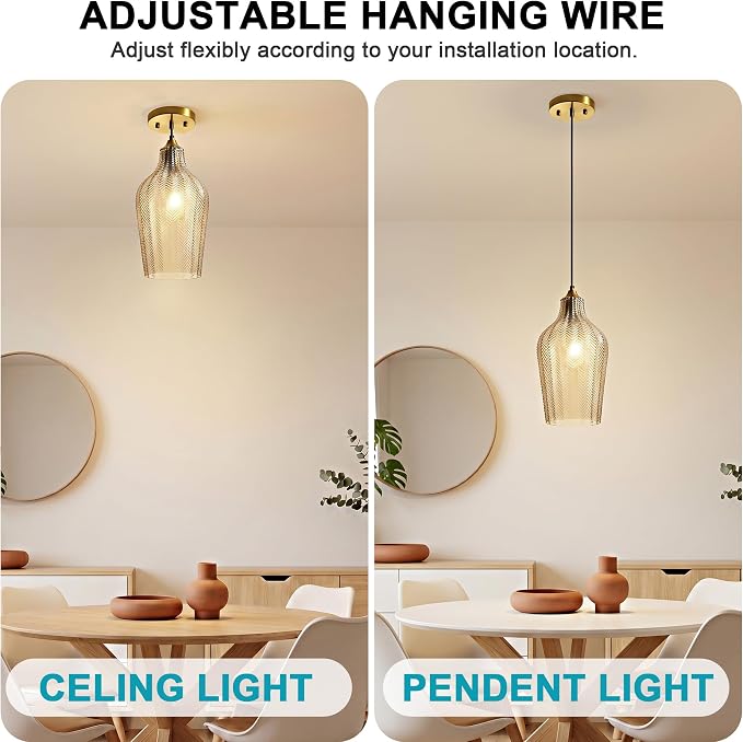 Amber Glass Pendant Lights Kitchen Island Gold Hanging Ceiling Light 6.7" | 1 Pack, Adjustable height, Dimmable, E26 bulbs, Rust-resistant Damp Rated For Bathrooms, 5-Year Warranty, UL Certification