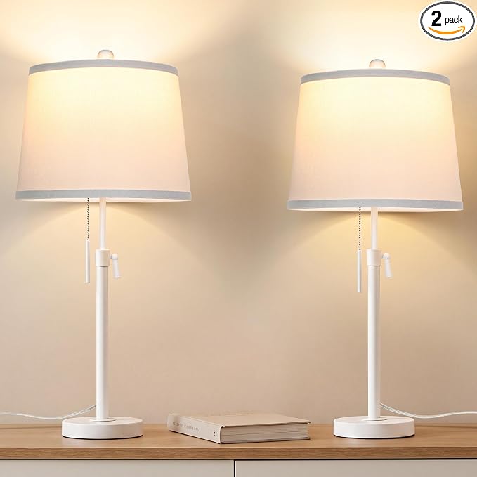 JUNNAI White Table Lamps Set of 2, 22" to 30" Adjustable Height Bedside Lamps for Living Room 3 Color Temperatures Tall Nightstand Modern Lamp for Bedroom Office End Table (Bulbs Included)