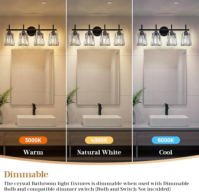 Crystal Bathroom Light Fixtures Over Mirror, Black 4-Light Bathroom Vanity Lights Over Mirror Modern Wall Lighting Sconces with Ceramic E26 Base (Bulbs Not Include)