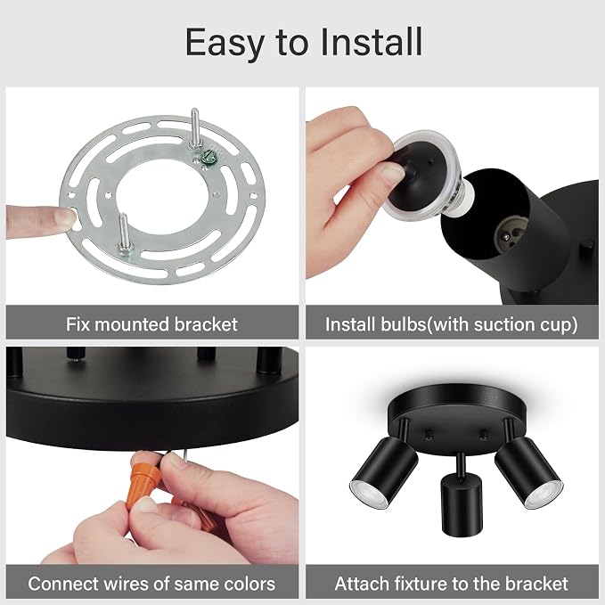 AUQUEE LED 3 Light Track Lighting Kit, LED Track Lighting Fixtures, Black Round Ceiling Spot Lighting, Flexibly Rotatable Light Head for Kitchen, Living Room, Bedroom, GU10 Bulb Not Included