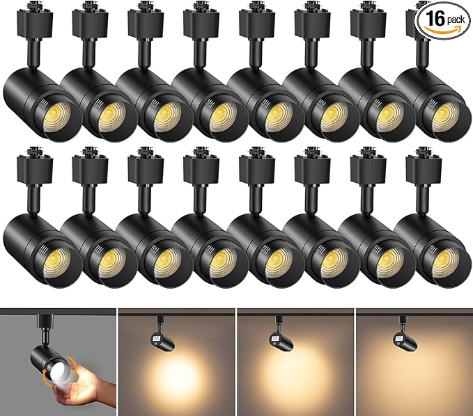 16 Pack Zoomable H Track Lighting Heads Dimmable, Black 12W 3000K | H Type Track Light Heads, LED Track Lighting Fixtures Ceiling Spot Light, H Style Track Heads for H Track Lighting Rails