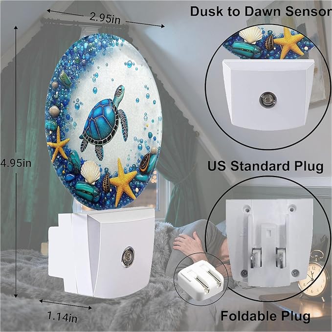 Mugod Underwater Scene Plug-in Nightlights Sea Turtle Starfish and Seashells Night Light Plug into Wall with Dusk-to-Dawn Sensor LED Lighting 0.5W Sleep-Friendly