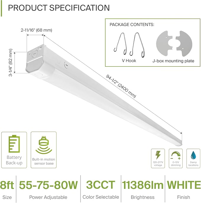 ASD 8ft LED Linear Strip Light Fixture with Emergency Battery Backup & Q-Base | UL DLC 55W-80W 120-277V Linkable LED Shop Light | 3500K-5000K Adjustable Commercial Ceiling Lighting
