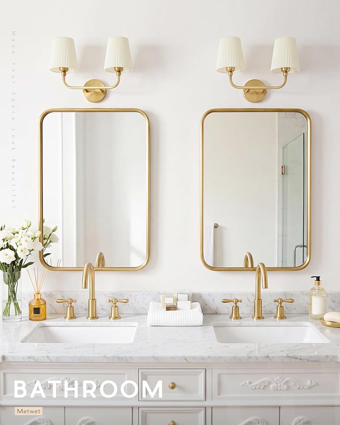 2-Light Gold Bathroom Vanity Light, Beige Pleated Fabric Shade | 17" 2-light gold double wall sconce with beige pleated fabric shades, E26 bulbs, hardwired, upward only, VL837-BG-Z-B-2