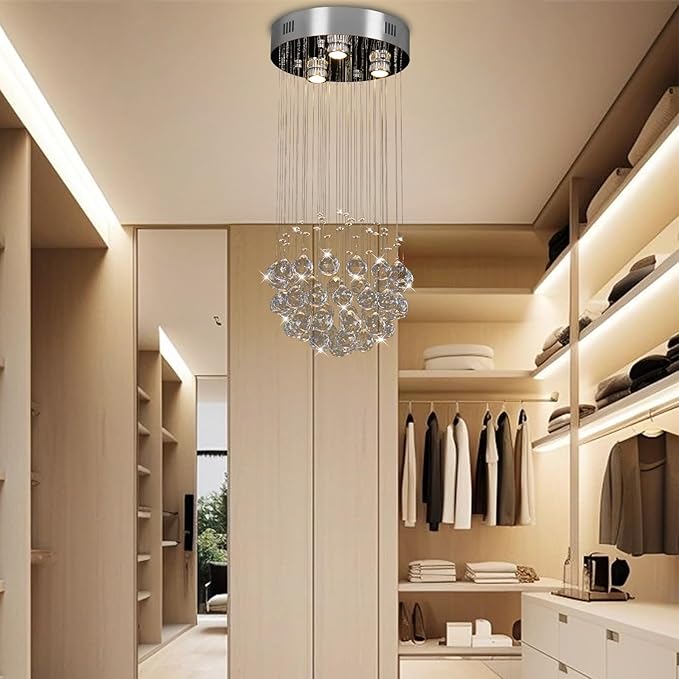 CLAIRDAI Modern Chandeliers Crystal Round Raindrop Chandelier Lighting Flush Mount Ceiling Light Fixture Crystal Raindrop Pendant Light for Living Entryway Room Dining Room,3*GU10 Bulbs