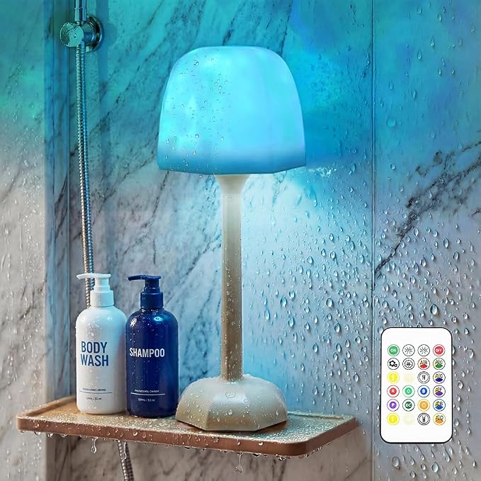 RICHMYC Waterproof Shower Lamp, 16 Colors Ocean Wave Projector with Remote | Cordless Rechargeable Night Light, Ambient Mood Lighting for Inside Shower, Bathroom, Bathtub, Spa