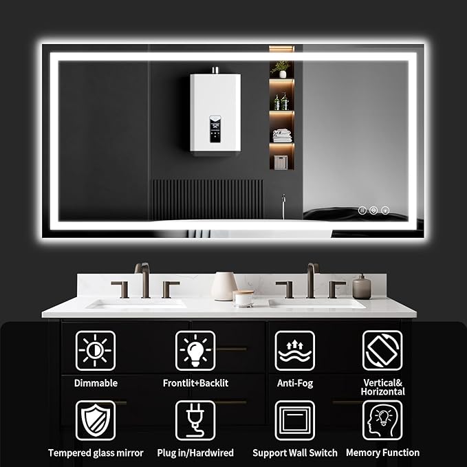 55"x30" LED Bathroom Mirror with Lights, Dimmable，Anti-Fog，Bathroom Vanity Mirror for Wall, Backlit + Front Lit, Memory Function, Shatter-Proof，Tempered Glass