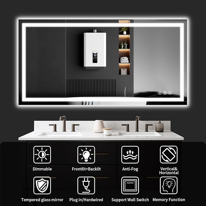 48"x32" LED Bathroom Mirror with Lights, Dimmable，Anti-Fog，Bathroom Vanity Mirror for Wall, Backlit + Front Lit, Memory Function, Shatter-Proof，Tempered Glass