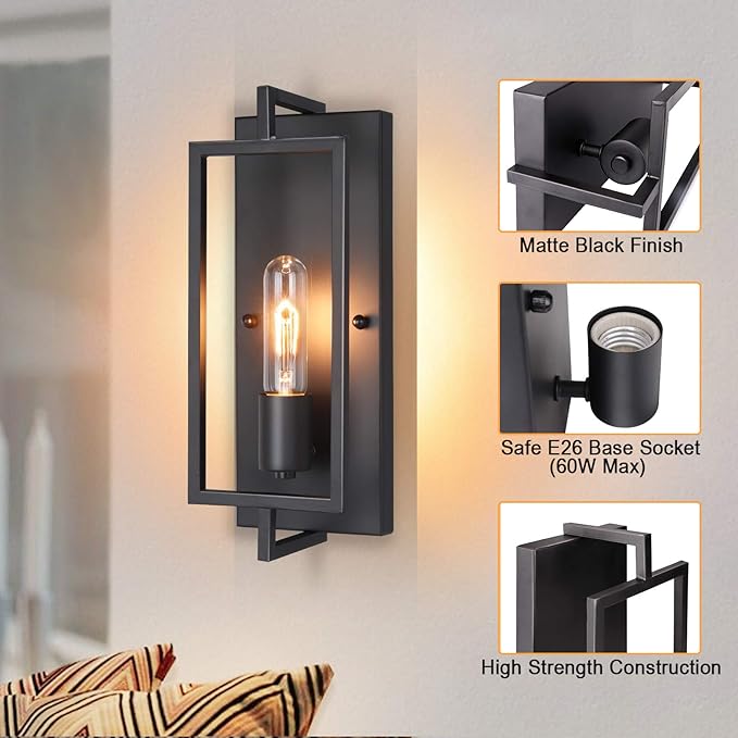 Industrial Wall Sconces Set of 2, Vintage Light Fixture Large, E26 Base, Matte Black Metal Wall Mount Lamp, Modern Indoor Lighting Hardwired
