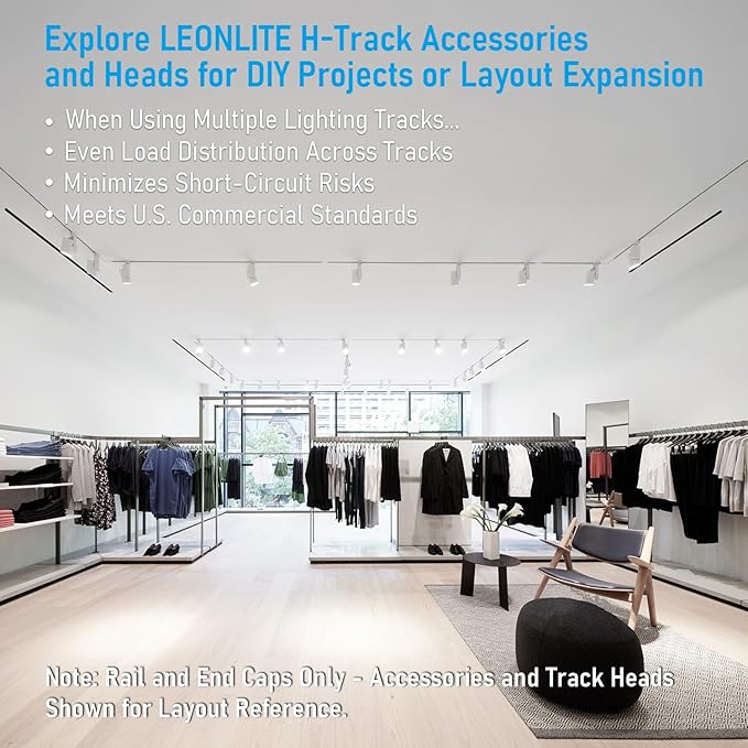 LEONLITE H Track Rail, 4FT H Type Track Lighting Rails & 2xEnd Caps, UL Listed, Flame Retardant Material, Use with Track Lighting Heads, White
