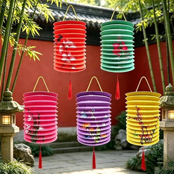 Chinese Japanese Paper Lanterns with LED Lights, 5 Pack, 6.3 Inch, Colorful, for Lunar New Year,Mid-Autumn Festival Decoration Spring Festival, Valentine Party Decorations